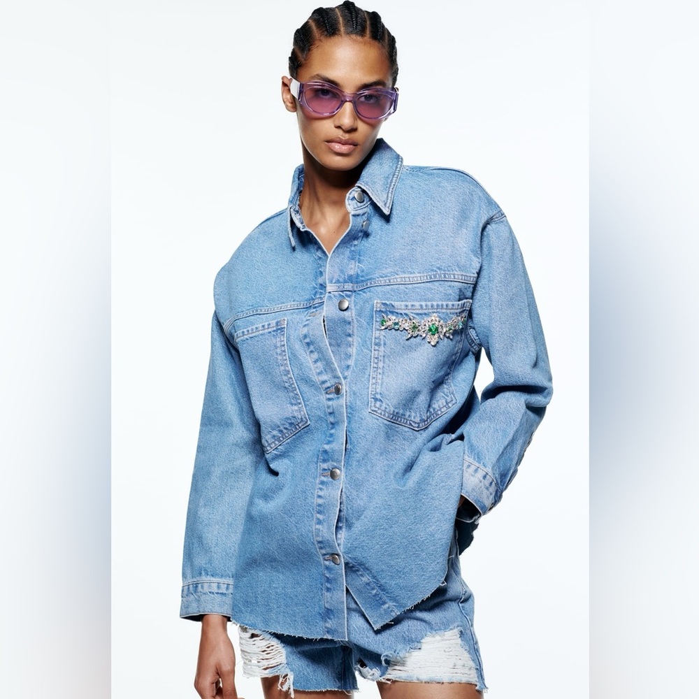 Zara Light Blue Denim Shirt with Embellished Pocket